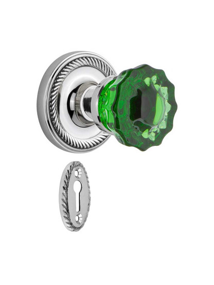 Rope Rosette Mortise Lock Set with Colored Fluted Crystal Glass Knobs Emerald in Polished Chrome.